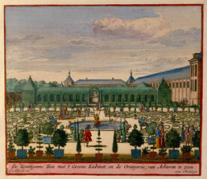 3/ Polychroom prent met de Koninginnetuin en oranjerie op de achtergrond, C. Allardt, eind zeventiende eeuw.
